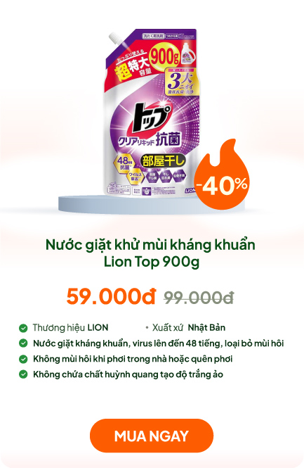 Nước giặt khử mùi kháng khuẩn Lion Top 900g, không mùi hôi khi phơi trong nhà