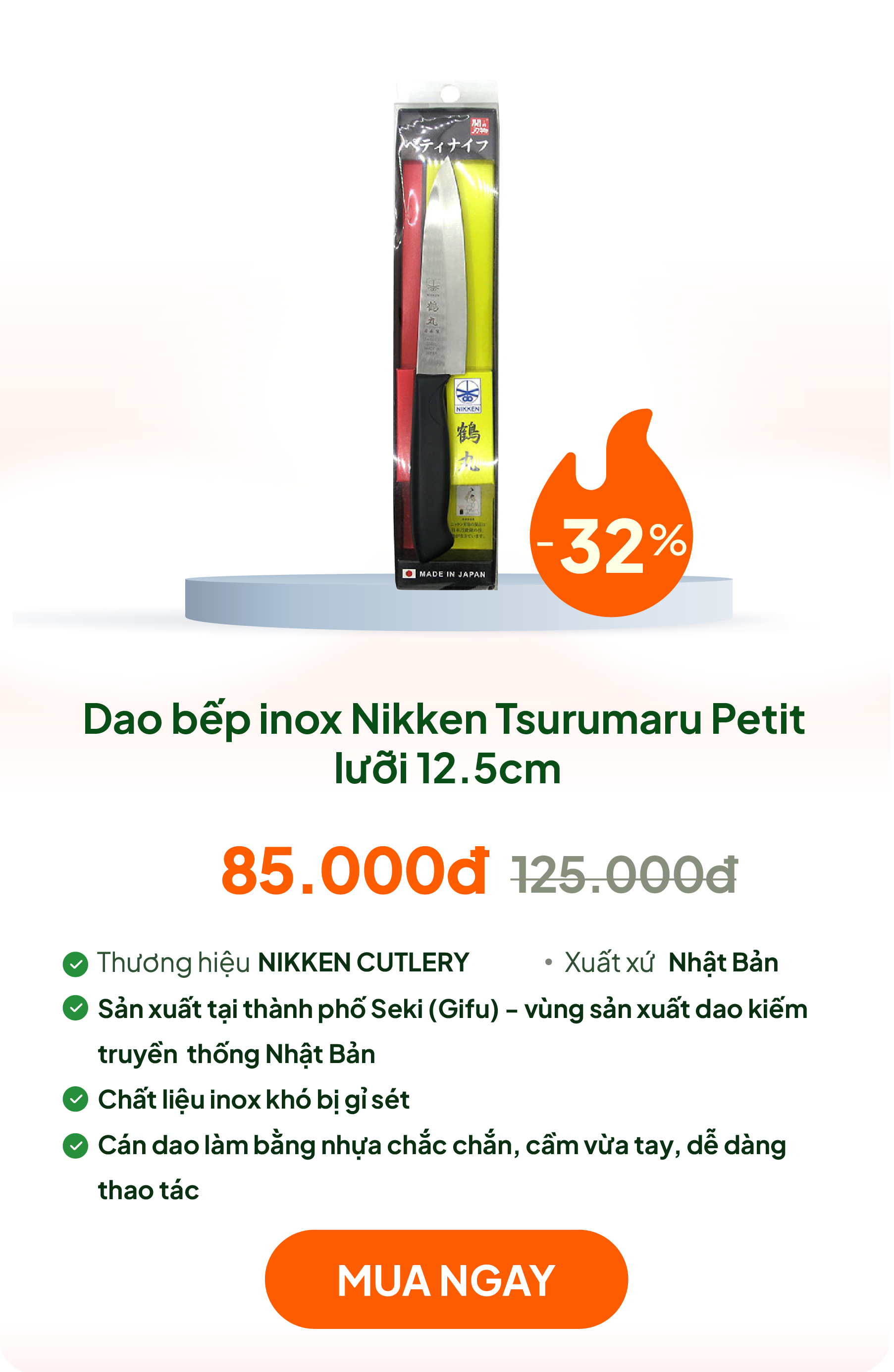 Dao bếp inox Nikken Tsurumaru Petit lưỡi 12.5cm