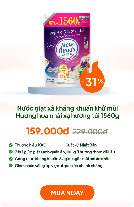 Nước giặt xả kháng khuẩn khử mùi, chống nhăn Kao New Beads Hương hoa nhài xạ hương túi 1560g