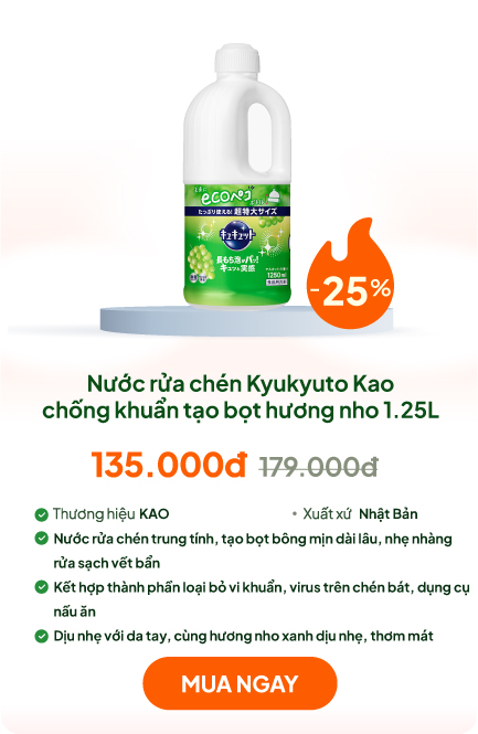 Nước rửa chén Kyukyuto Kao chống khuẩn tạo bọt hương nho 1.25L