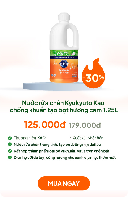 Nước rửa chén Kyukyuto Kao chống khuẩn tạo bọt hương cam 1.25L