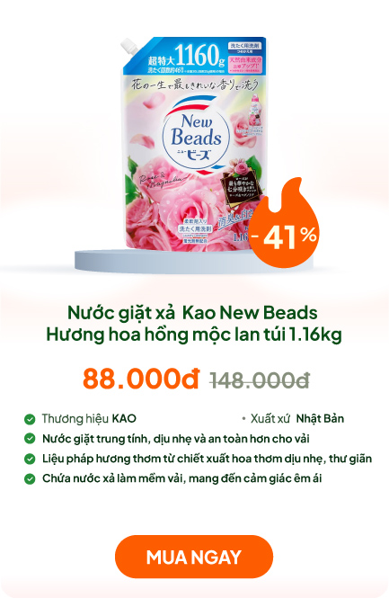 Nước giặt xả tẩy vết bẩn, khử mùi quần áo Kao New Beads hương hoa hồng mộc lan túi 1.16kg