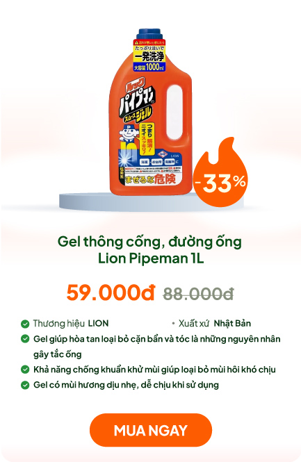 Gel thông cống, đường ống Lion Pipeman 1L, phân giải tóc, cặn bẩn, kháng khuẩn