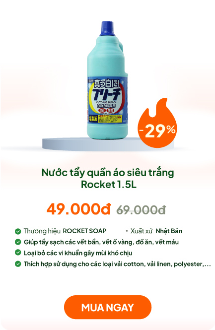 Nước tẩy quần áo siêu trắng Rocket 1.5L Chuyên dùng cho vải trắng