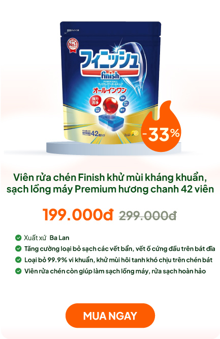 Viên rửa chén Finish khử mùi kháng khuẩn, sáng bóng, sạch lồng máy Premium All In One hương chanh 42 viên