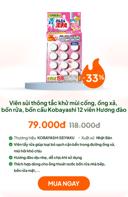 Viên sủi thông tắc khử mùi cống, ống xả, bồn rửa, bồn cầu Kobayashi 12 viên Hương đào