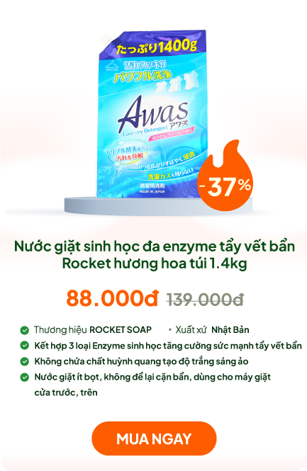 Nước giặt sinh học đa enzyme tẩy vết bẩn Rocket hương hoa túi 1.4kg, không chứa huỳnh quang