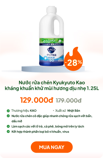Nước rửa chén Kyukyuto Kao kháng khuẩn khử mùi hương dịu nhẹ 1.25L