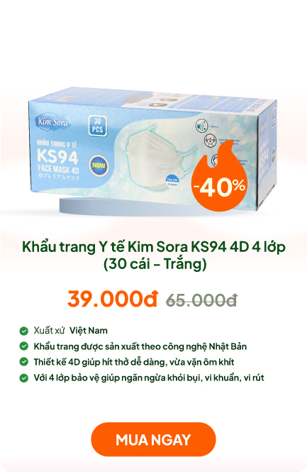 Khẩu trang Y tế Kim Sora KS94 4D 4 lớp, chống bụi, vi khuẩn, virus (30 cái - Trắng)