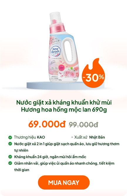 Nước giặt xả kháng khuẩn khử mùi, chống nhăn Kao New Beads Hương hoa hồng mộc lan 690g