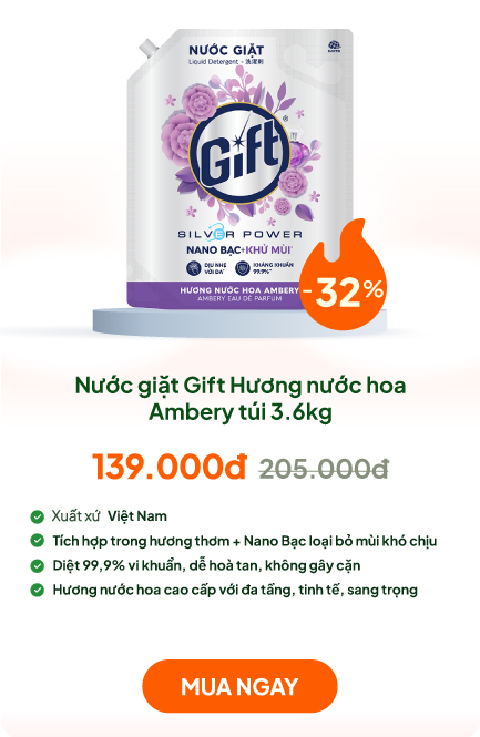 Nước giặt Gift Hương nước hoa Ambery Nano bạc kháng khuẩn túi 3.6kg