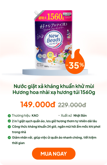 Nước giặt xả kháng khuẩn khử mùi, chống nhăn Kao New Beads Hương hoa nhài xạ hương túi 1560g
