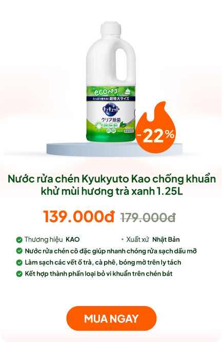 Nước rửa chén Kyukyuto Kao chống khuẩn khử mùi hương trà xanh 1.25L