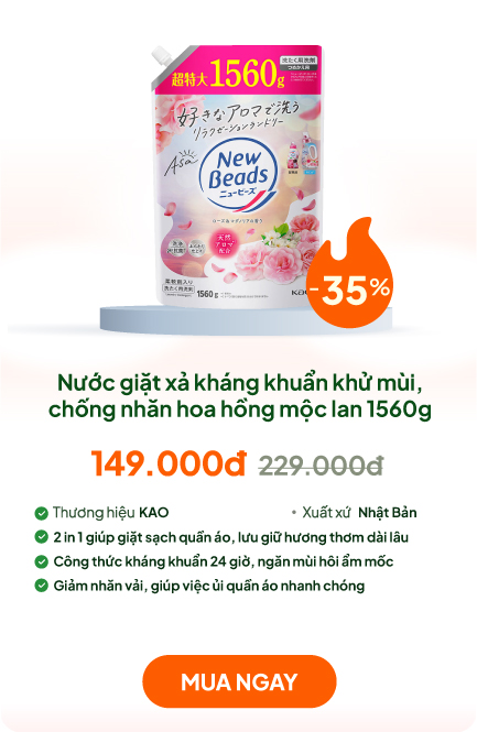 Nước giặt xả kháng khuẩn khử mùi, chống nhăn Kao New Beads Hương hoa hồng mộc lan 1560g