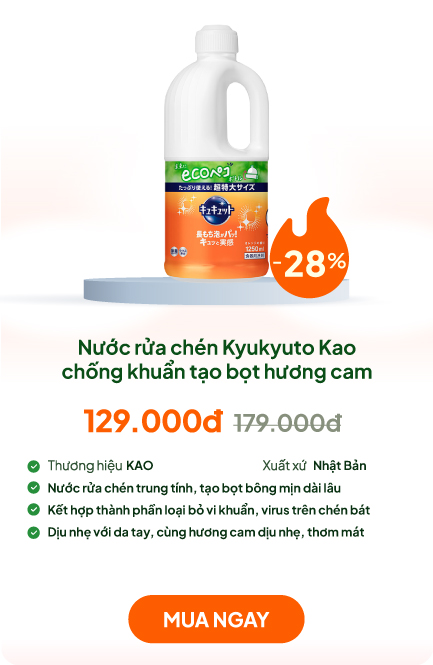 Nước rửa chén Kyukyuto Kao chống khuẩn tạo bọt hương cam 1.25L