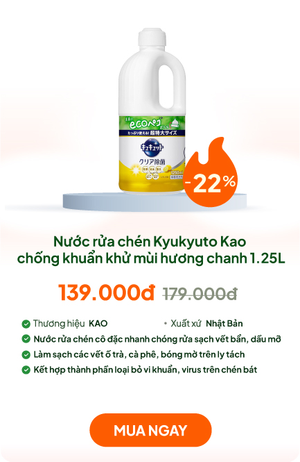 Nước rửa chén Kyukyuto Kao chống khuẩn khử mùi hương chanh 1.25L