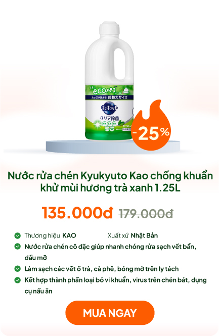 Nước rửa chén Kyukyuto Kao chống khuẩn khử mùi hương trà xanh 1.25L