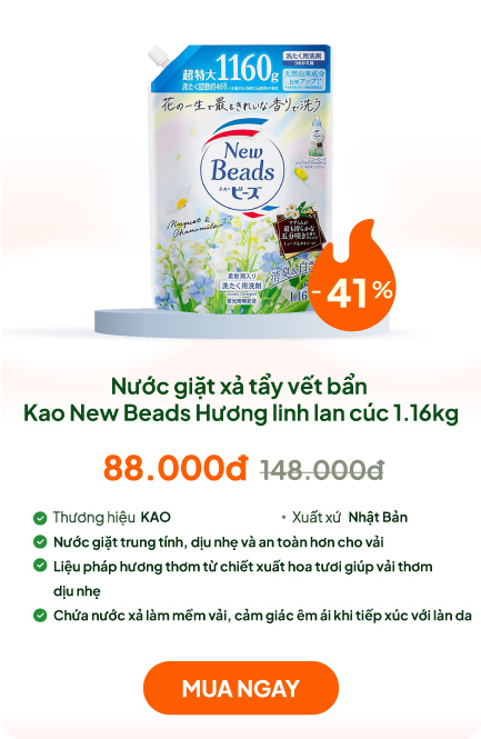 Nước giặt xả tẩy vết bẩn, khử mùi quần áo Kao New Beads Hương linh lan cúc túi 1.16kg