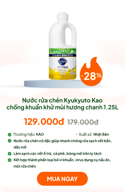 Nước rửa chén Kyukyuto Kao chống khuẩn khử mùi hương chanh 1.25L
