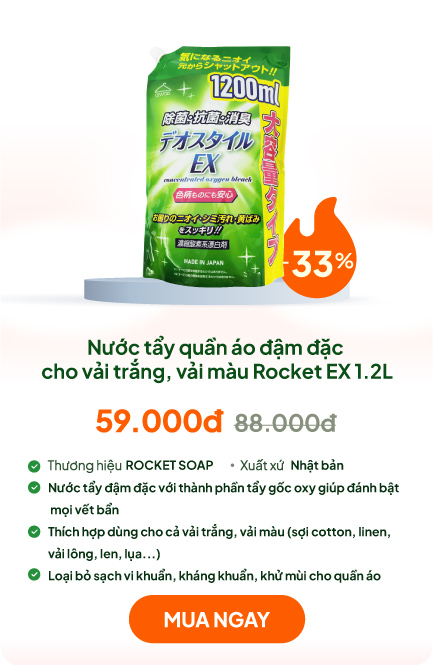 Nước tẩy quần áo đậm đặc cho vải trắng, vải màu, kháng khuẩn, khử mùi Rocket EX 1.2L