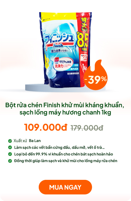 Bột rửa chén Finish khử mùi kháng khuẩn, sạch lồng máy  hương chanh 1kg