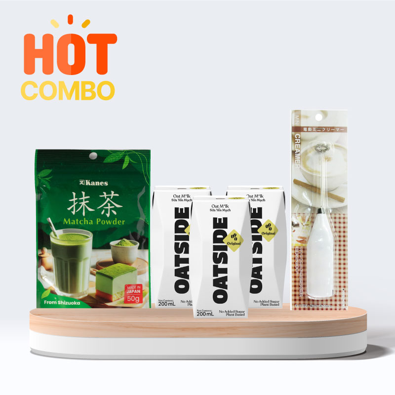 Combo Bột matcha Kanes 100g, Máy tạo bọt cầm tay và 3 hộp Sữa yến mạch Oatside 200ml