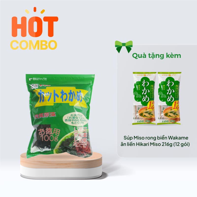 Combo mua Rong biển cắt Wakame 100g tặng 2 gói  Súp Miso rong biển Wakame ăn liền Hikari Miso 216g (12 gói)