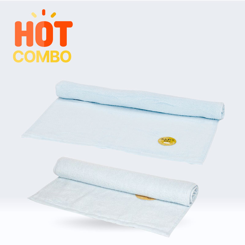 Combo 2 Khăn vải cotton Nissen 34x80cm và 60x120cm Original Towel Fluffy Non-twist Yarn Blue