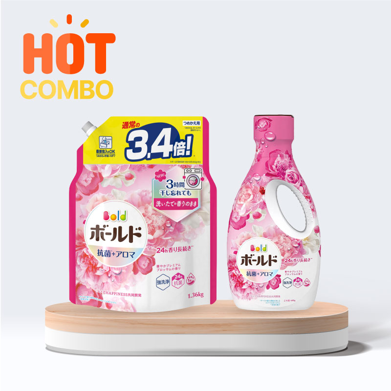 Combo Nước giặt chống khuẩn khử mùi Bold P&G Hương hoa quý phái (chai 640g và túi 1.36kg)