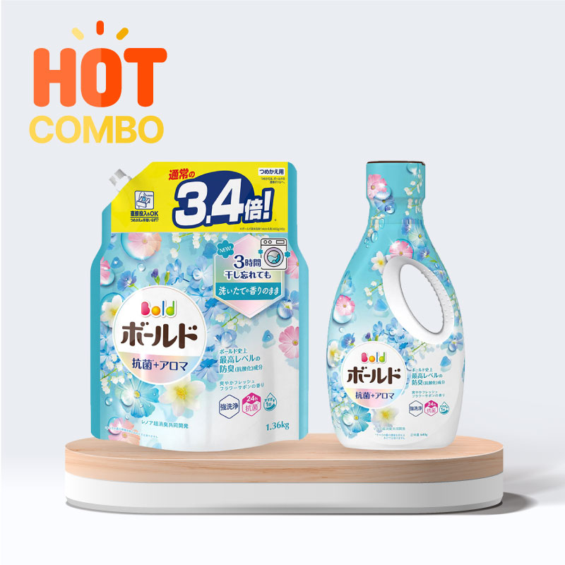 Combo Nước giặt chống khuẩn khử mùi Bold P&G Hương hoa tươi mát (chai 640g và túi 1.36kg)