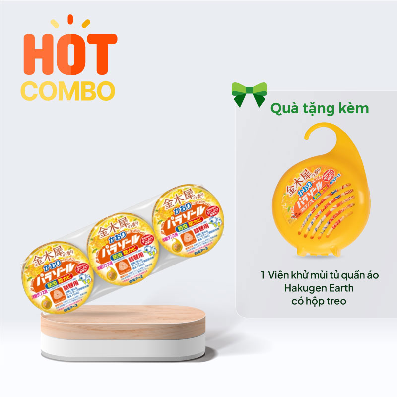 Combo mua Viên khử mùi tủ quần áo Hakugen Earth hương hoa Kim Mộc Hương 108gx3 (Lõi thay thế) tặng 1 viên kèm hộp treo