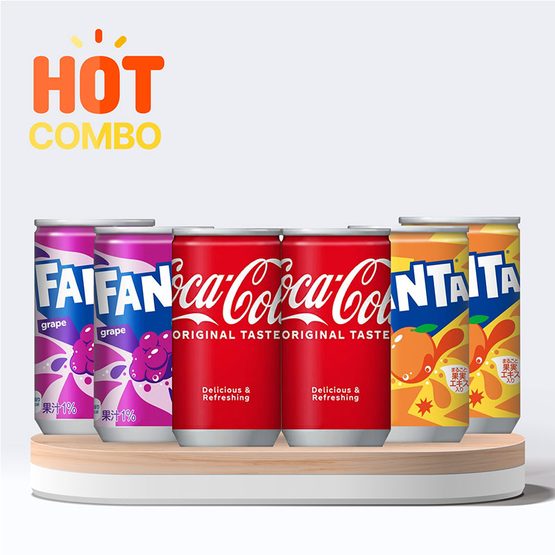 Combo 6 lon nước giải khát Nhật Bản: 2 lon Coca Cola 160ml, 2 lon Fanto nho 160ml, 2 lon Fanta cam 160ml