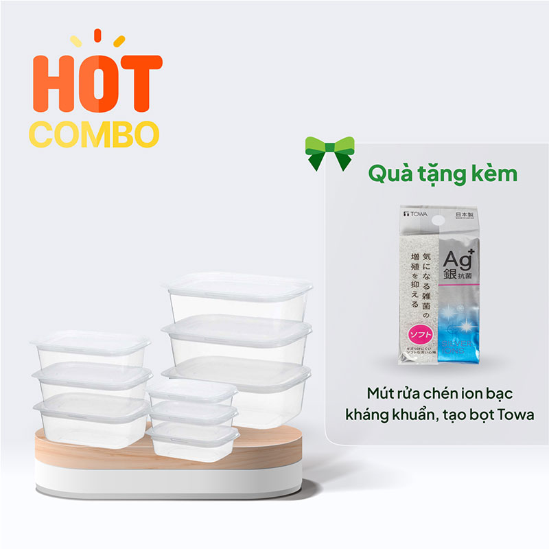 Combo mua Bộ hộp nhựa đựng thực phẩm Inomata 9 cái chỉ 135K tặng Mút rửa chén ion bạc kháng khuẩn, tạo bọt 