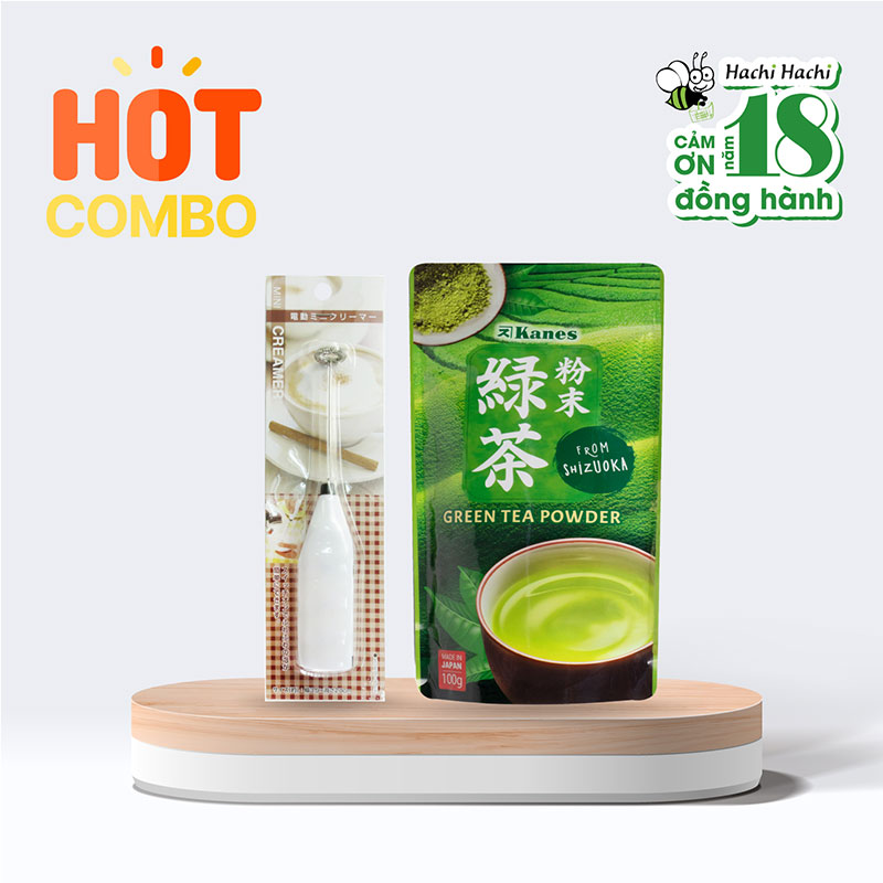 Combo Bột trà xanh Nhật Bản Green Tea Powder Kanes 100g và Máy tạo bọt sữa, cà phê cầm tay