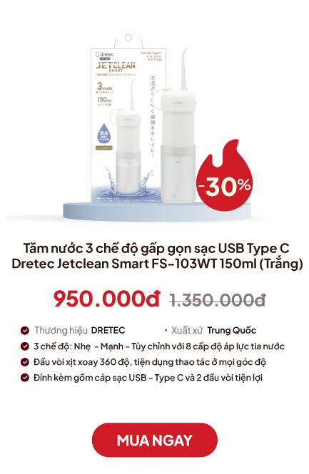 Tăm nước 3 chế độ gấp gọn sạc USB Type C Dretec Jetclean Smart FS-103WT 150ml (Trắng), Kèm 2 đầu vòi