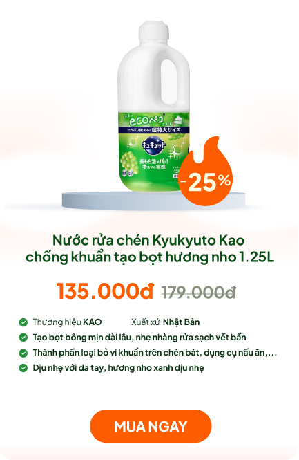 Nước rửa chén Kyukyuto Kao chống khuẩn tạo bọt hương nho 1.25L