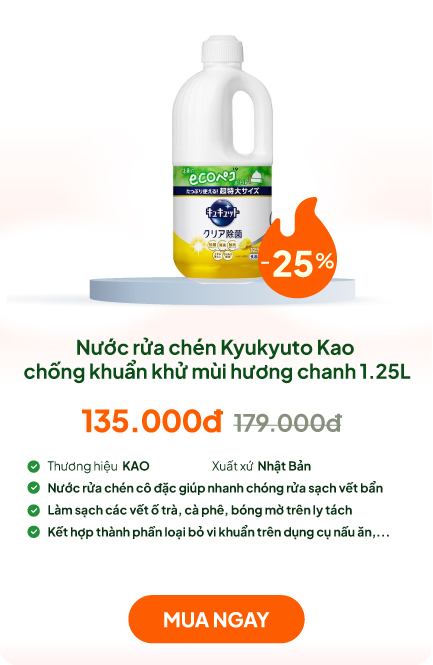 Nước rửa chén Kyukyuto Kao chống khuẩn khử mùi hương chanh 1.25L