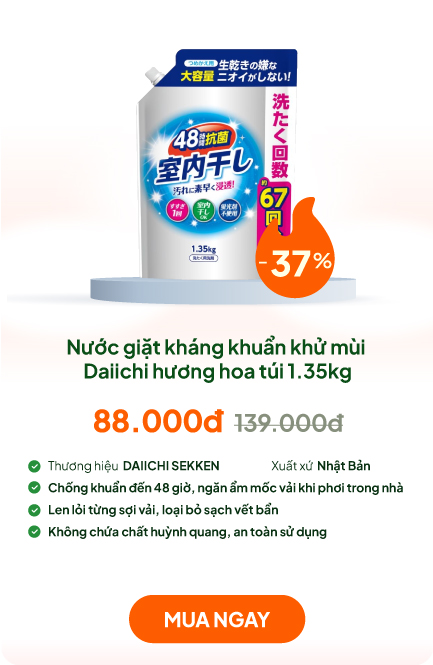 Nước giặt kháng khuẩn khử mùi Daiichi hương hoa túi 1.35kg Không hôi khi phơi trong nhà