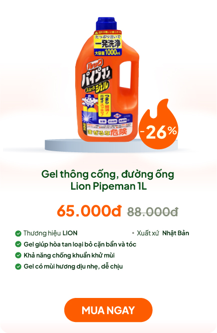 Gel thông cống, đường ống Lion Pipeman 1L, phân giải tóc, cặn bẩn, kháng khuẩn