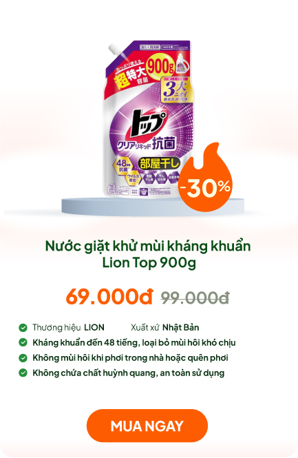 Nước giặt khử mùi kháng khuẩn Lion Top 900g, không mùi hôi khi phơi trong nhà