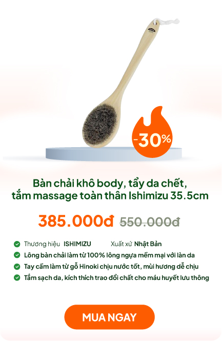 Bàn chải khô body, tẩy da chết, tắm massage toàn thân Ishimizu 35.5cm (Lông ngựa - Cán gỗ Hinoki)