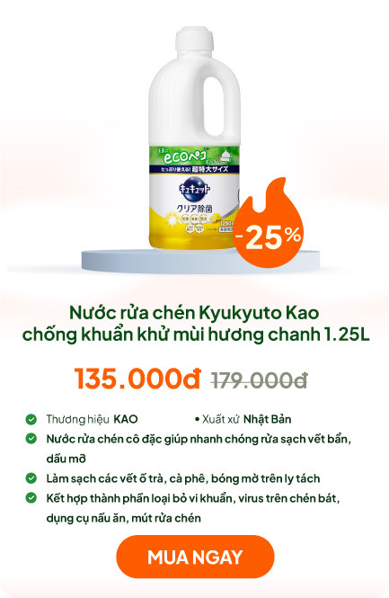 Nước rửa chén Kyukyuto Kao chống khuẩn khử mùi hương chanh 1.25L