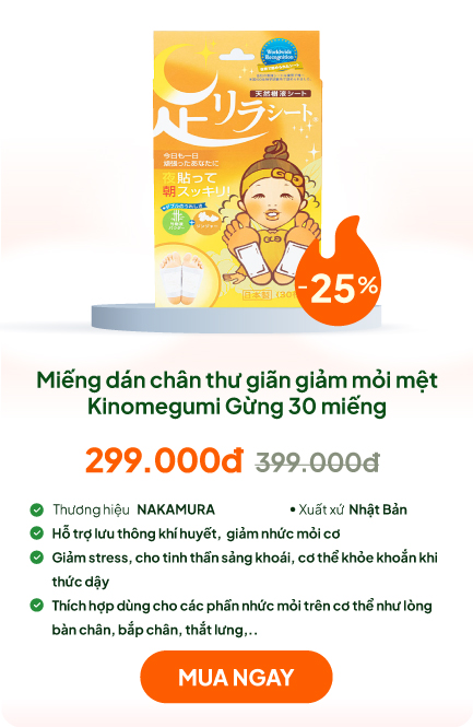 Miếng dán chân thư giãn giảm mỏi mệt Kinomegumi Gừng 30 miếng