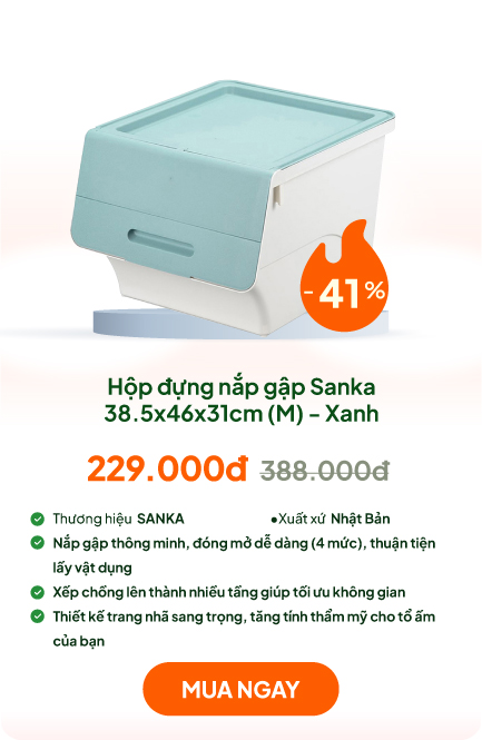 Hộp đựng nắp gập, lật 3 nấc Sanka Nhật Bản 38.5x46x31cm (M) - Xanh