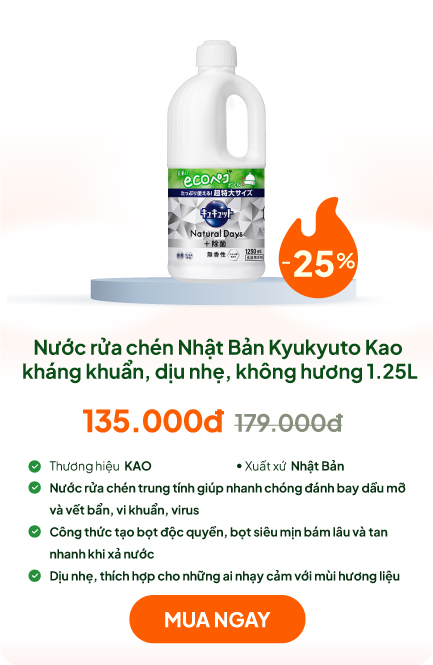 Nước rửa chén Nhật Bản Kyukyuto Kao kháng khuẩn, dịu nhẹ da tay không hương 1.25L