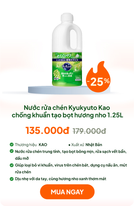 Nước rửa chén Kyukyuto Kao chống khuẩn tạo bọt hương nho 1.25L