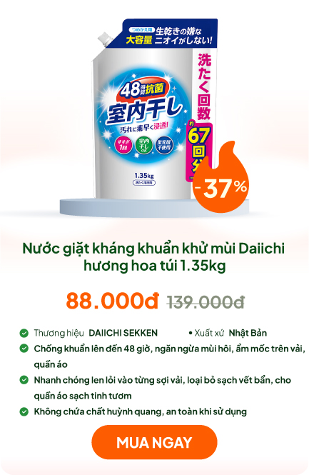Nước giặt kháng khuẩn khử mùi Daiichi hương hoa túi 1.35kg Không hôi khi phơi trong nhà