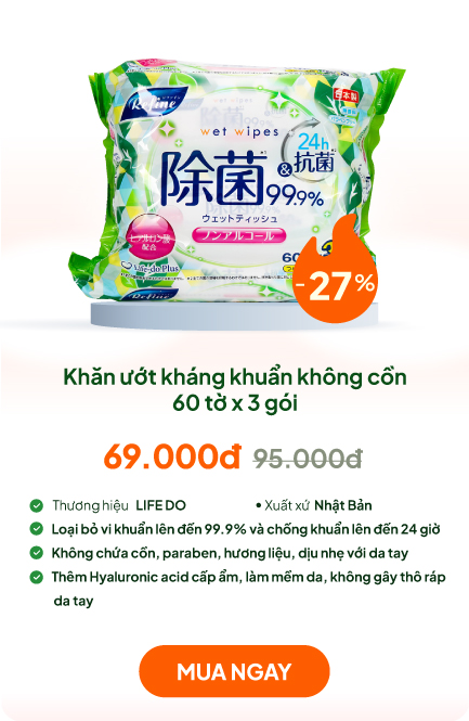 Khăn ướt kháng khuẩn không cồn 60 tờ x 3 gói