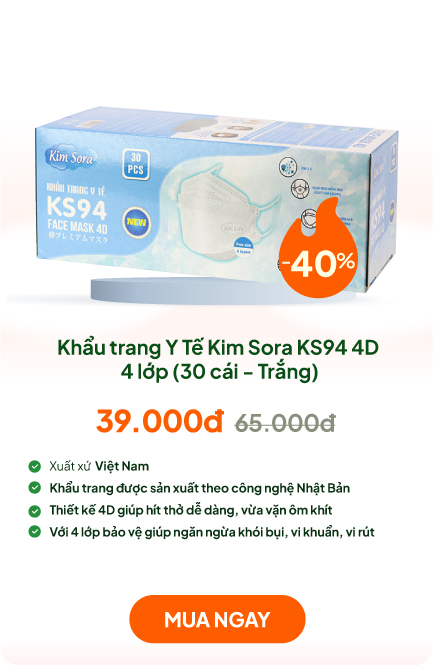 Khẩu trang Y tế Kim Sora KS94 4D 4 lớp, chống bụi, vi khuẩn, virus (30 cái - Trắng)