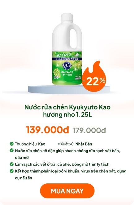 Nước rửa chén Kyukyuto Kao chống khuẩn tạo bọt hương nho 1.25L